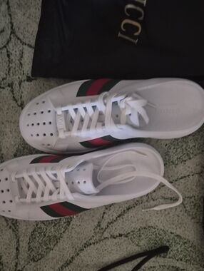 Gucci White Ace Rubber Sneakers with Green & Red Web Stripe - Women's 39 Men 7.5